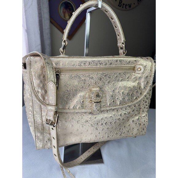 Rebecca Minkoff Leather Satchel Crossbody Bag Ostrich Embossed Gold Leather iPad - Picture 1 of 16
